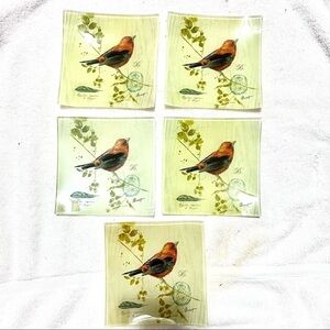 Banett Song Bird Themed Square 6x6 Appetizer Glass Dessert Plates Set Of Five